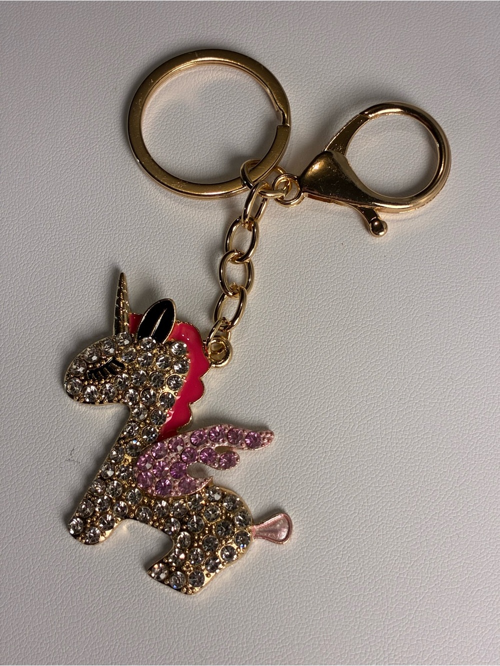 Rhinestone Unicorn Keychain Sparkly Pink & Gold Purse Charm - Picture 2 of 3